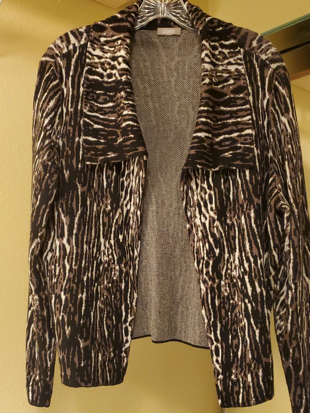 Chico's Open-Front Animal Print Cardigan in Black & Cream Sz Lrg (2)